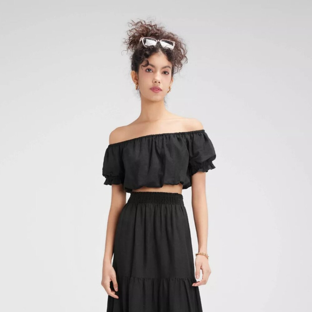 NWT Wild Fable Women's Size Small Black Puff Sleeve Off-Shoulder Crop Blouse